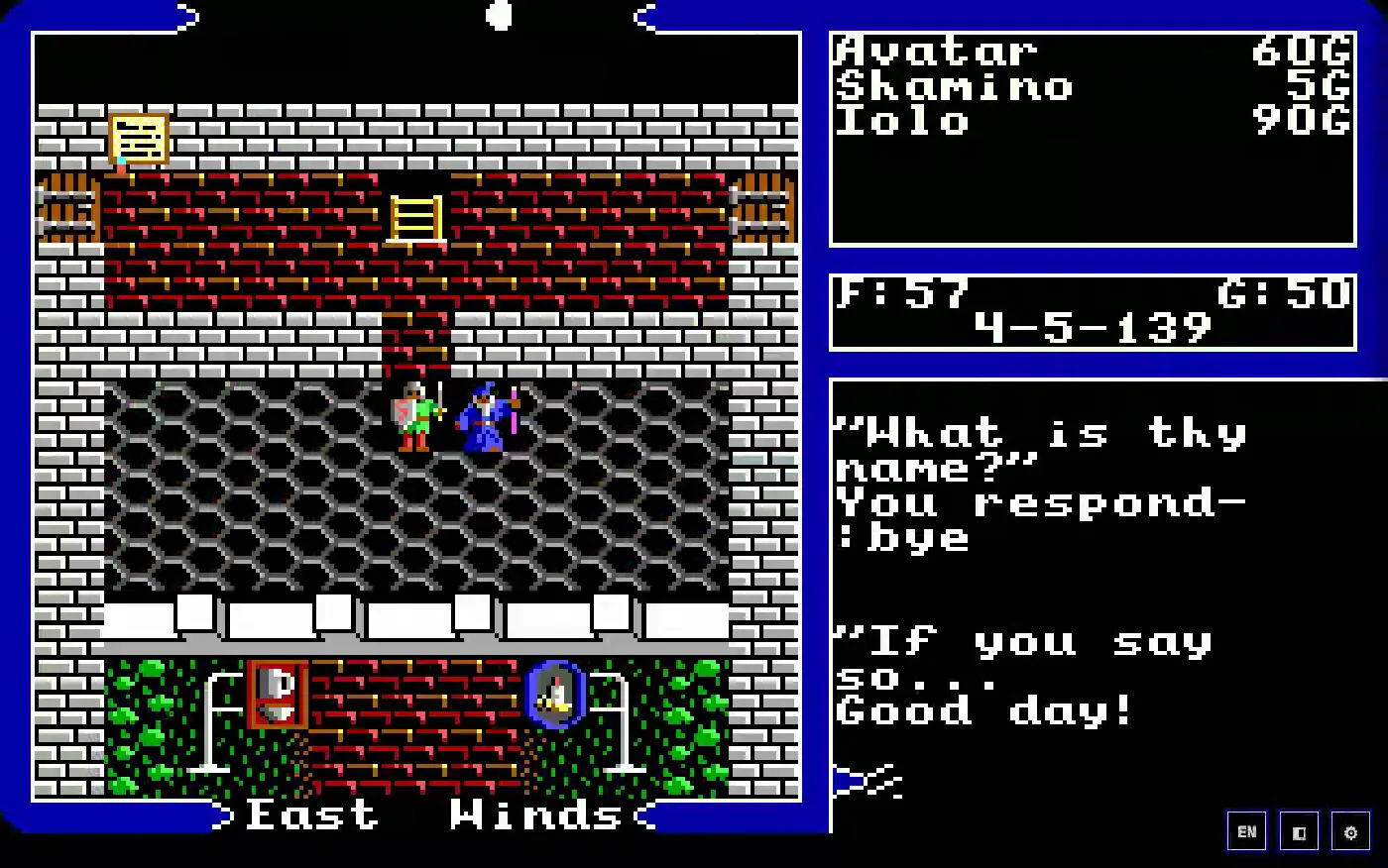 Dentro de un edificio de pueblo visto desde arriba: el personaje del jugador, con escudo y espada en alto, frente a una figura de túnica y sombrero azules que lleva un bastón. A la derecha, la conversación tal y como se escribe: «What is thy name?», la respuesta tecleada —bye— y la réplica, «If you say so... Good day!».