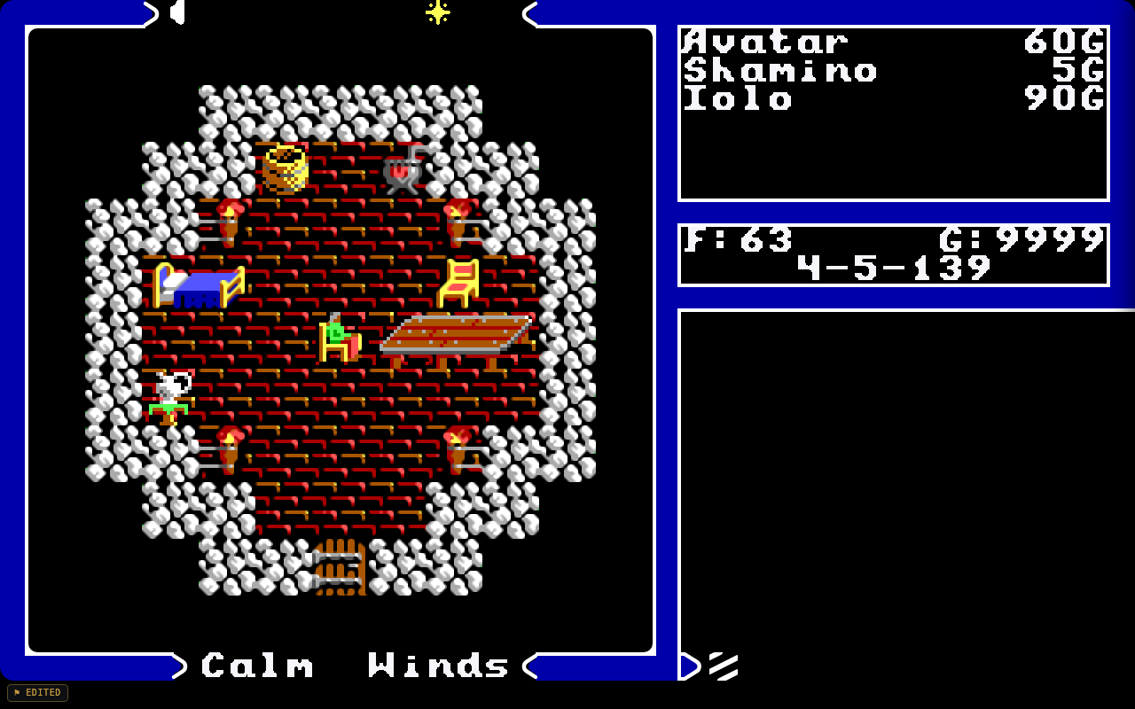 El juego sin el cajón, con el panel del grupo entero visible —Avatar, Shamino y Iolo con su oro—, el marcador de comida y oro en 9999, y el distintivo con la banderita y la palabra EDITED fijo en la esquina inferior izquierda