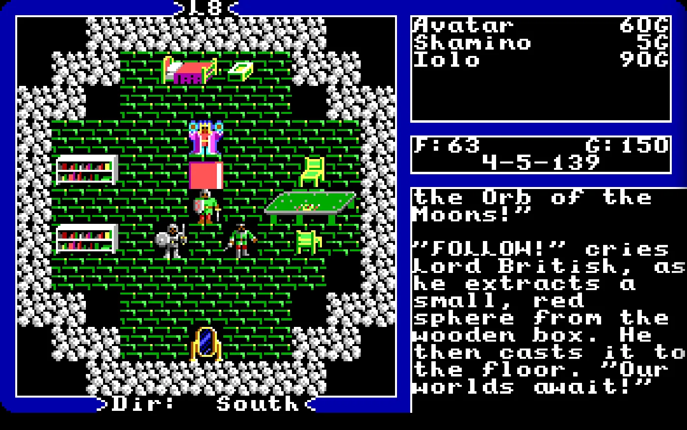 El desenlace corriendo en OpenU5: la celda de Lord British en el octavo piso de Doom, con el suelo re-teñido de verde, Lord British en pie junto al trono y el grupo delante. El panel de texto dice «FOLLOW!» cries Lord British, as he extracts a small, red sphere from the wooden box. «Our worlds await!». Ésta es una de las pantallas que la comparación automática carea contra el fotograma equivalente del original.